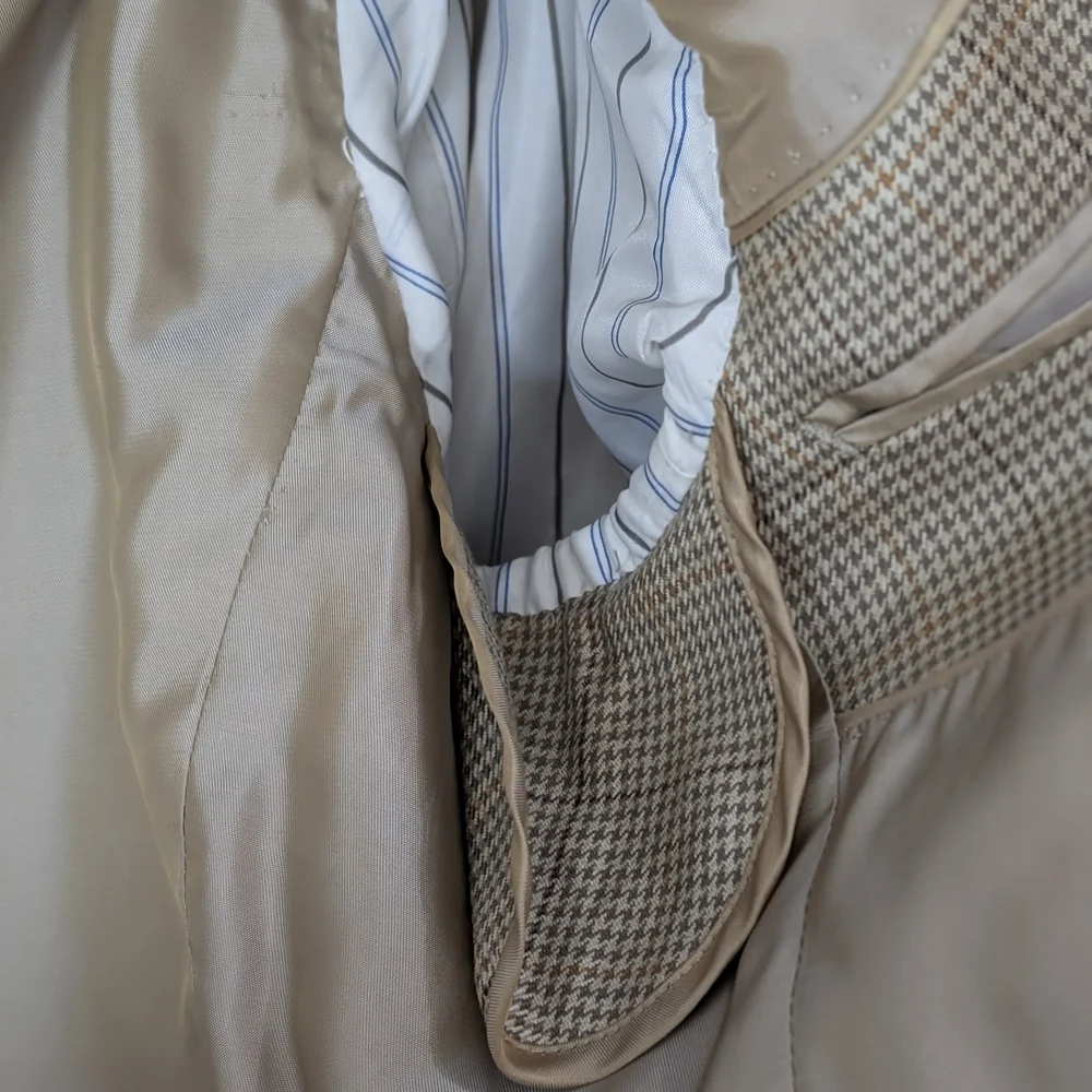 Alan Flusser Men's Light Tan Houndstooth Silk Worsted Wool Blazer Size 42R Sleek